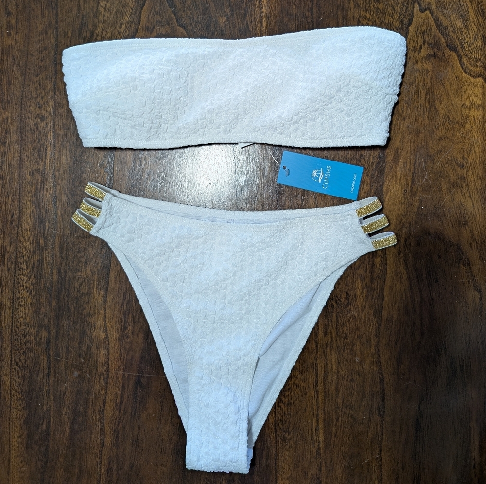 Cupshe White Textured Bandeau Bikini with Gold Accent Straps